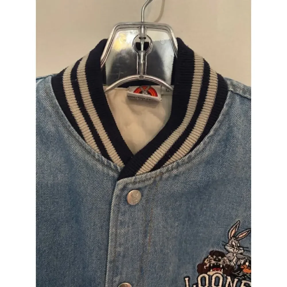Vtg 90s Looney Tunes Warner Bros. Embroidered Denim Varsity Jacket Youth 12